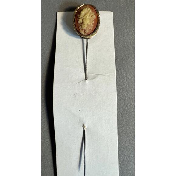 VINTAGE CORAL TAN CARVED CAMEO STICK PIN 4” CREAM CAMEO FACE GOLD TONE - Picture 2 of 7